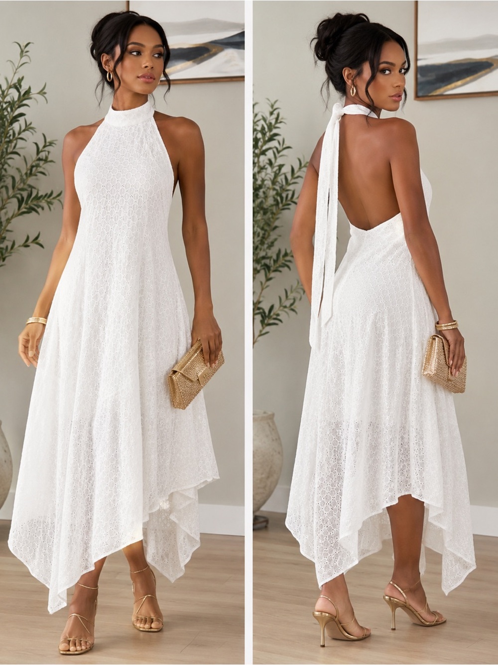Fame and Partners Nata Dress Ivory Eyelet Halter Dress Asymmetric